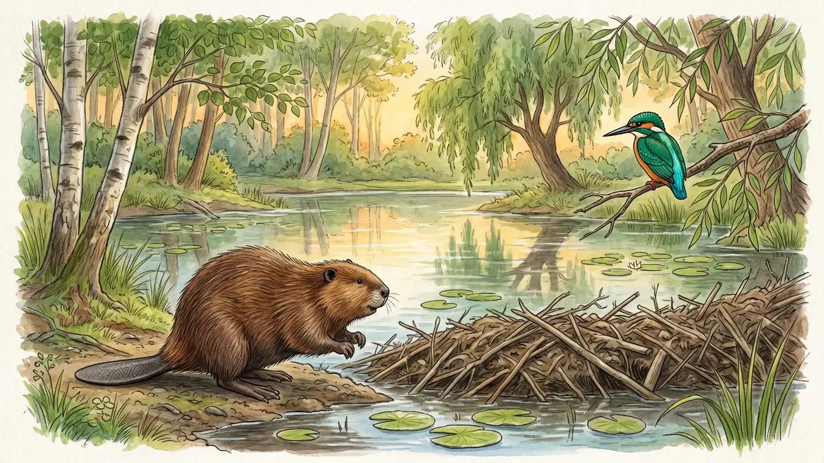Victorian watercolour illustration of a Eurasian beaver beside its dam in a British woodland setting with birch trees, water lilies and a kingfisher