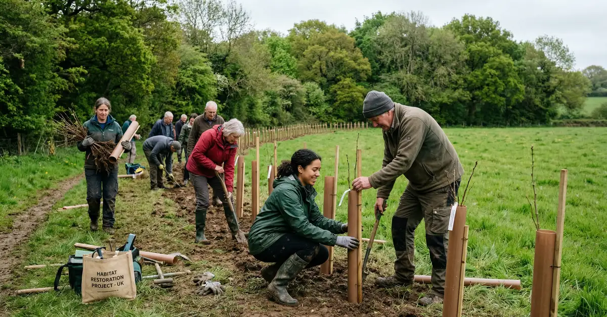 Volunteers planting native trees and hedgerow species in a UK habitat restoration project