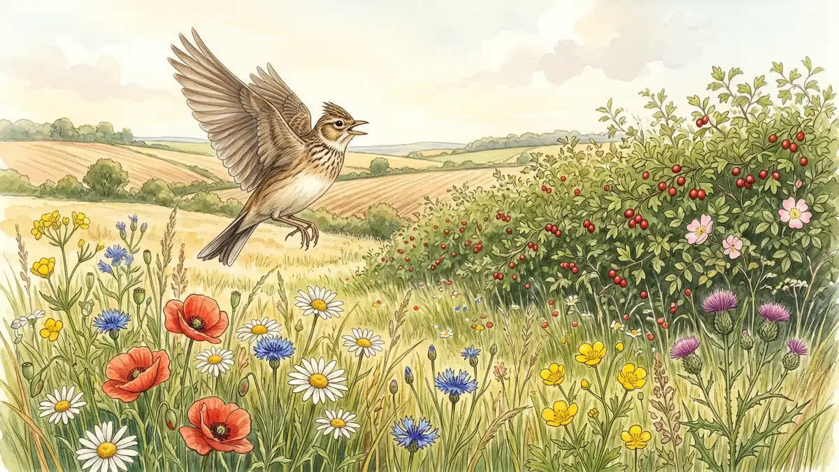 Victorian watercolour illustration of a skylark ascending from a British farmland field margin with poppies, daisies and cornflowers