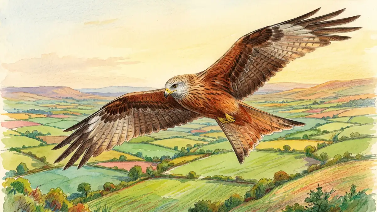 Victorian watercolour illustration of a red kite soaring over rolling British countryside with green fields and hedgerows below