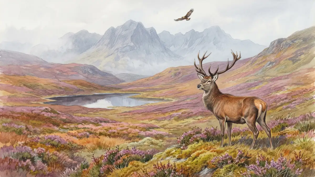 Victorian watercolour illustration of a Scottish Highland peatland landscape with a red deer stag among heather and distant mountains