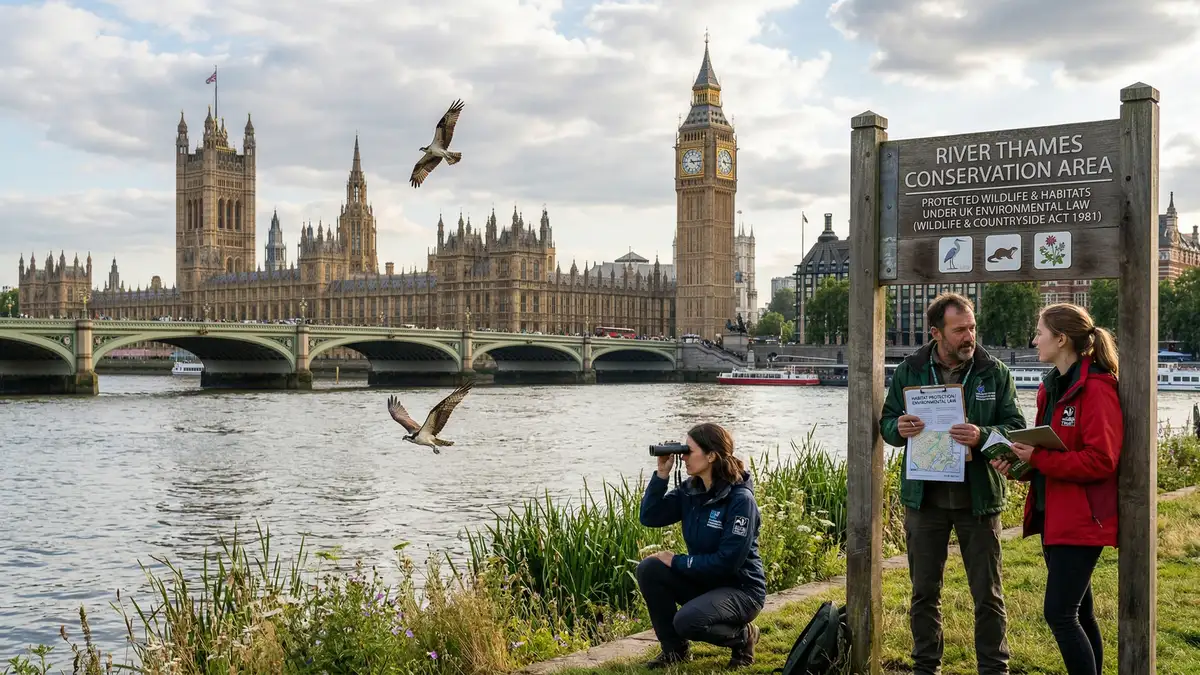 Legal framework for UK wildlife conservation showing Environment Act 2021, Wildlife and Countryside Act 1981, and habitat designation symbols.