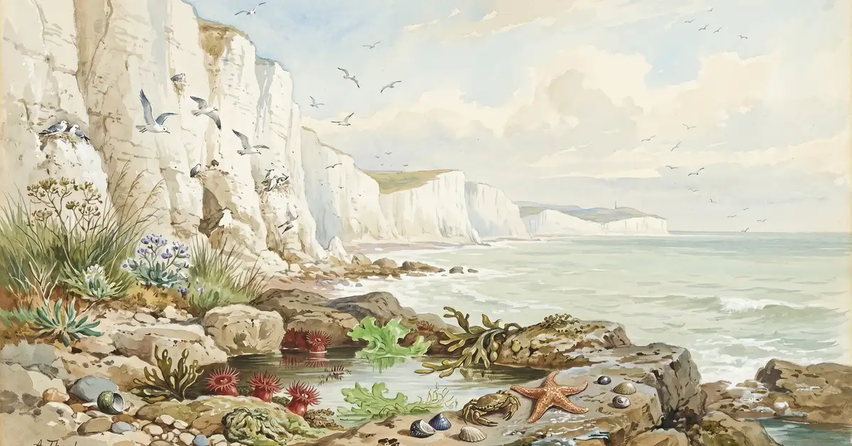 British coastal ecosystem with chalk cliffs, rockpools and seabirds in a Victorian watercolour style