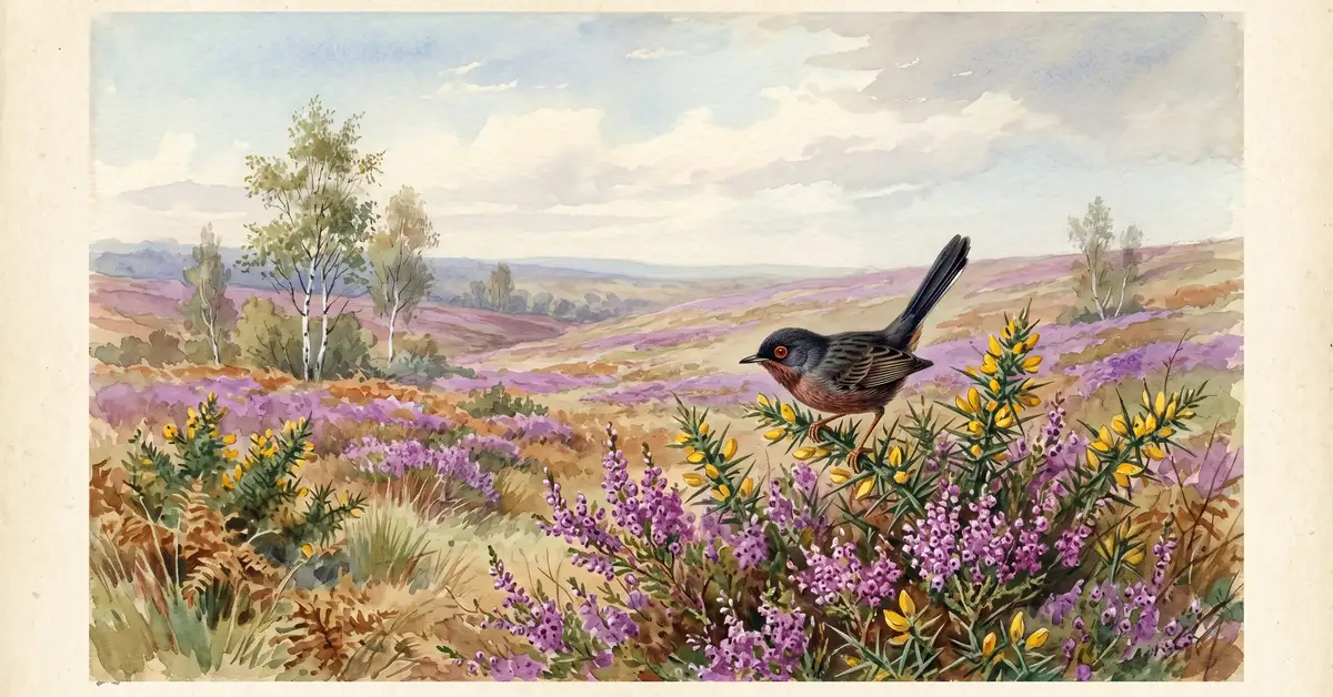 Purple heather moorland with Dartford warbler in a Victorian watercolour style