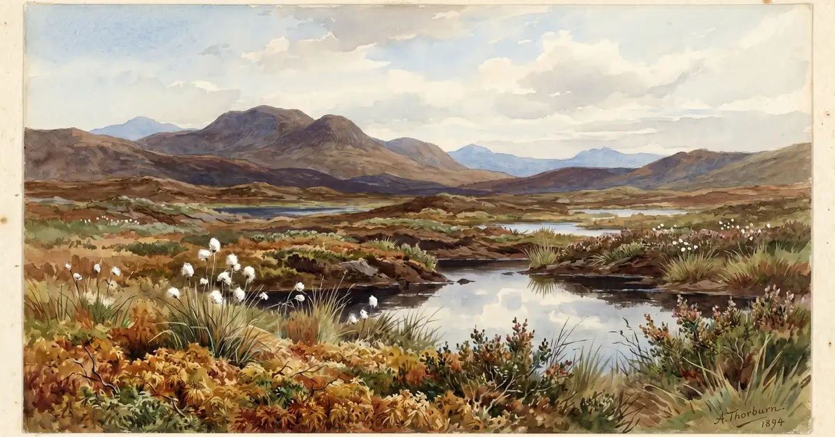 Scottish blanket bog peatland with sphagnum moss and cotton grass in a Victorian watercolour style