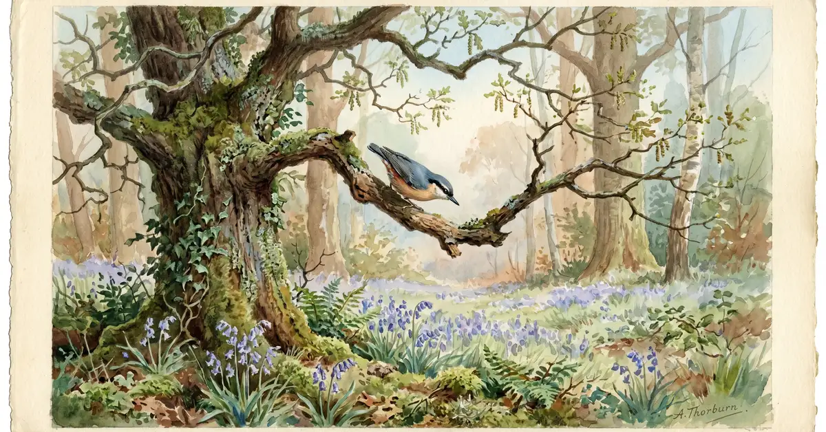 Ancient English deciduous woodland with bluebells and gnarled oak trees in a Victorian watercolour style