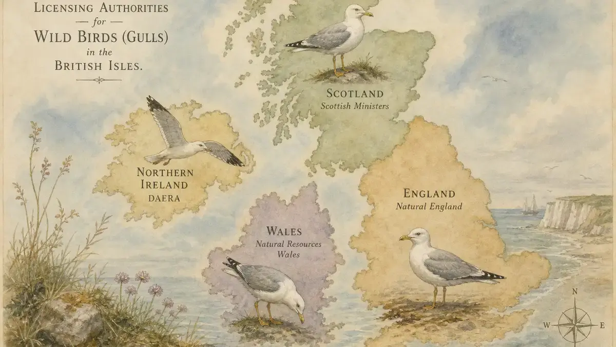 Victorian watercolour illustration of a map of the British Isles showing four regions with gull illustrations representing different licensing authorities across England Scotland Wales and Northern Ireland