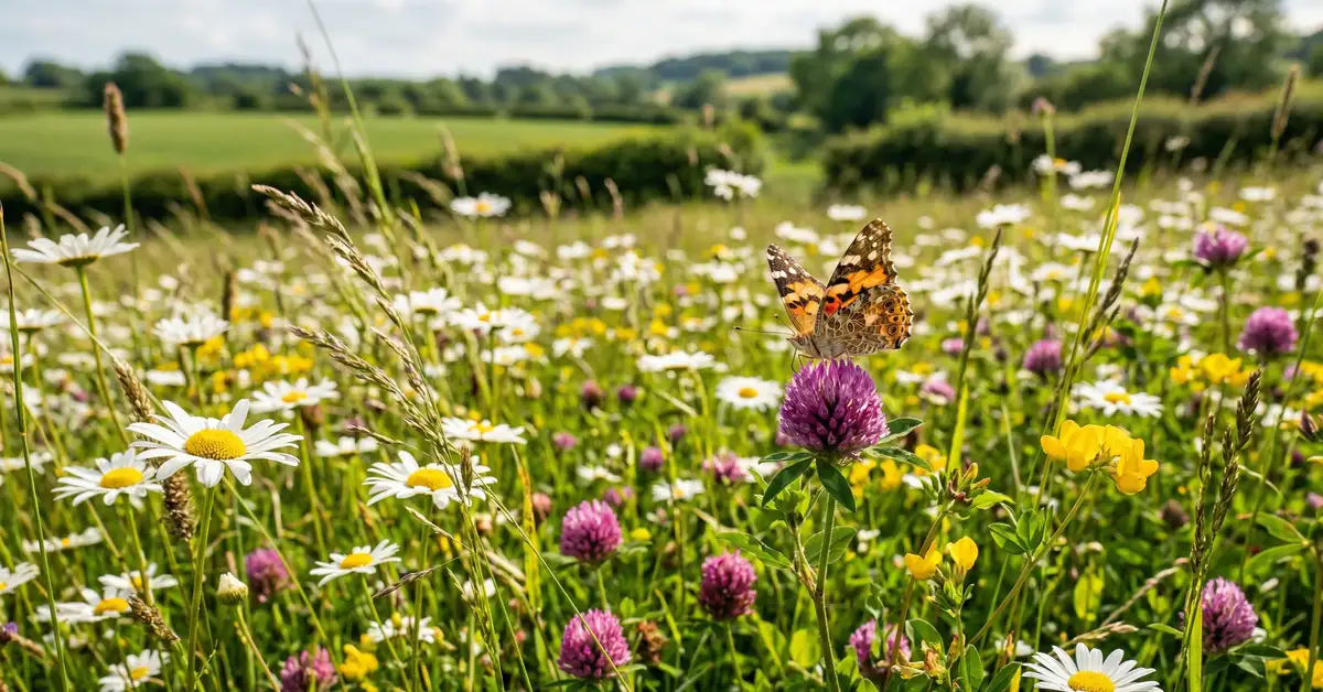 UK wildflower meadow in full bloom showing diverse native plant species and pollinating insects