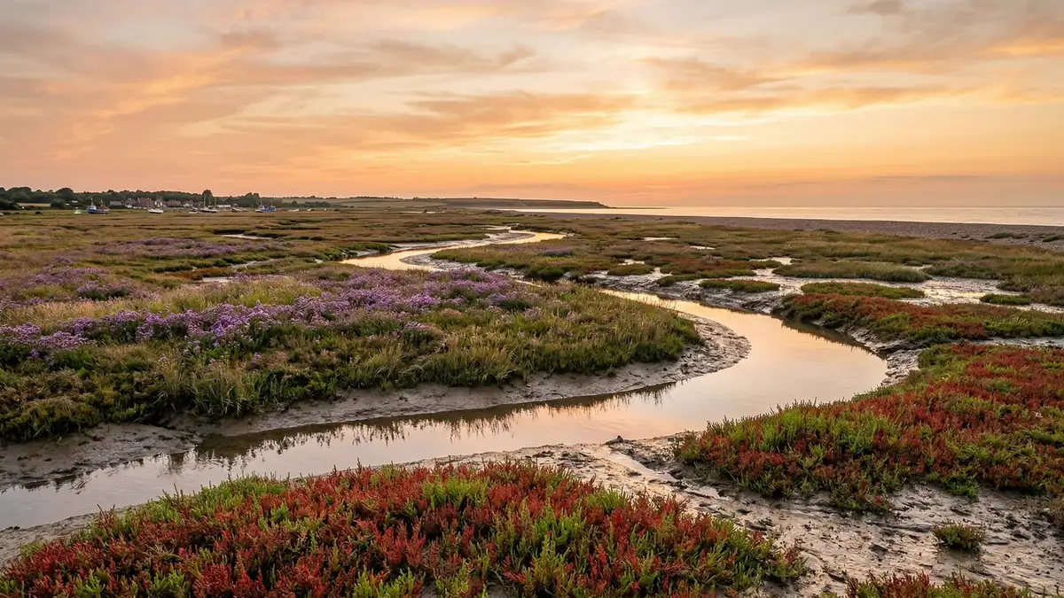 Coastal saltmarsh habitat at low tide showing zonation of salt-tolerant plants along the Essex or Norfolk coastline United Kingdom
