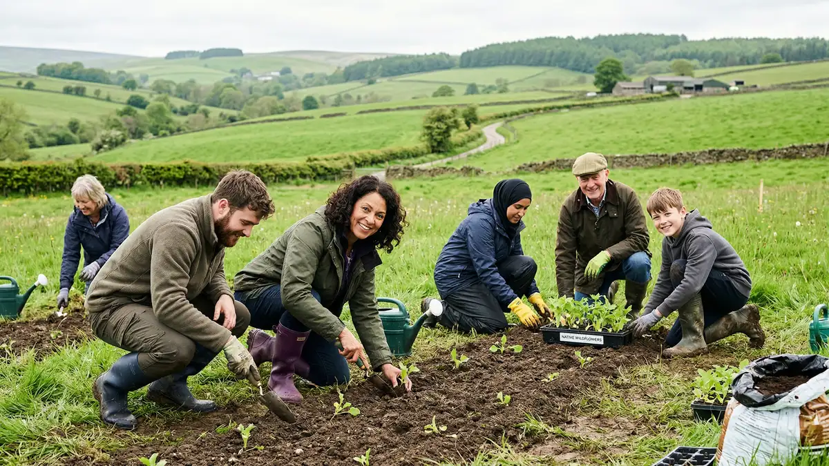 Community volunteers planting native wildflower meadow as part of habitat restoration project in the UK countryside