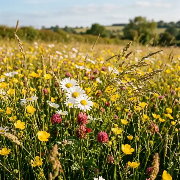Species-rich wildflower meadow with buttercups ox-eye daisies and red clover in a traditional English lowland hay meadow