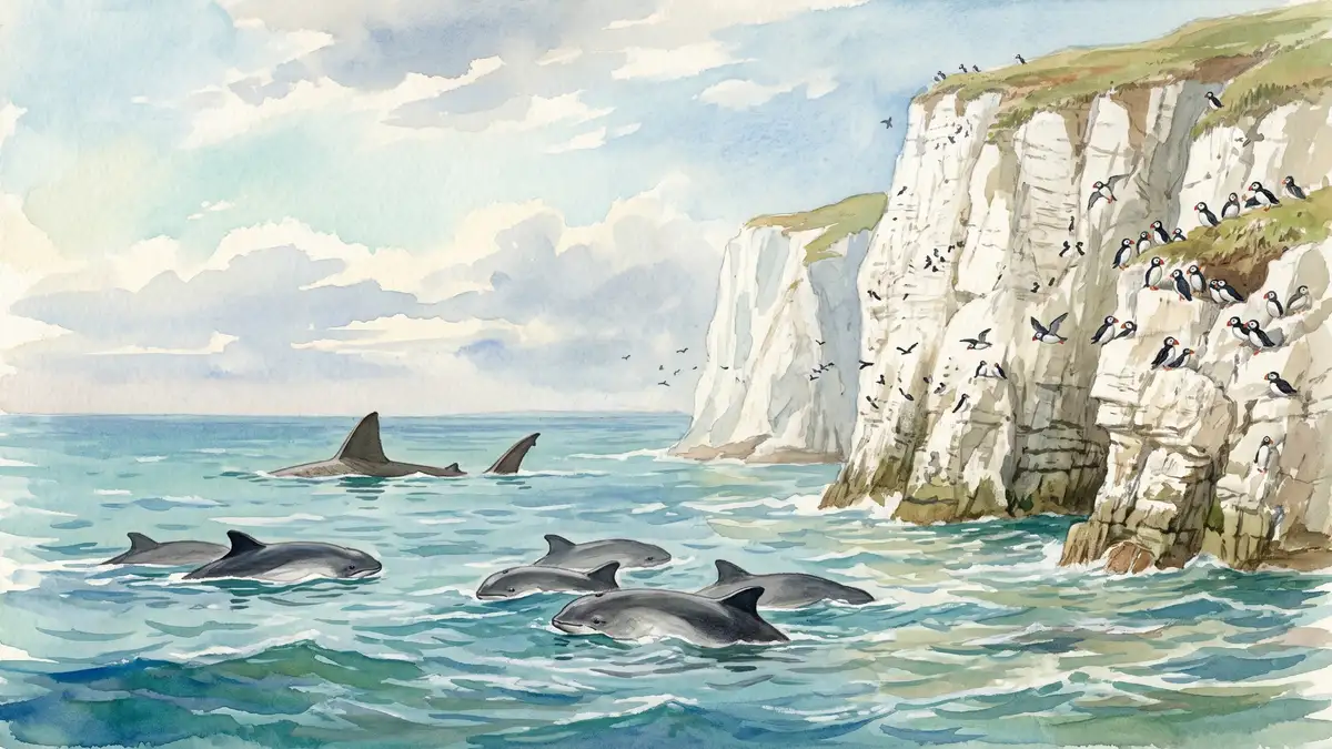 Victorian watercolour illustration of a British coastal scene with harbour porpoises surfacing near chalk cliffs, puffins nesting and a basking shark fin in the distance