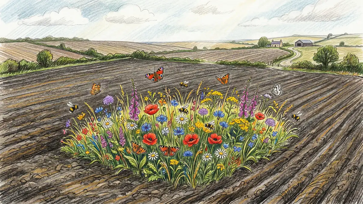 Landscape comparison showing remaining fragmented ancient woodland surrounded by arable farmland, illustrating habitat loss and fragmentation