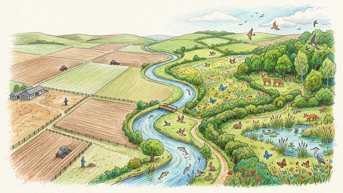 Bird's eye view of British landscape being restored from degraded farmland to diverse habitats with wildflower meadows, wetlands, and native woodland