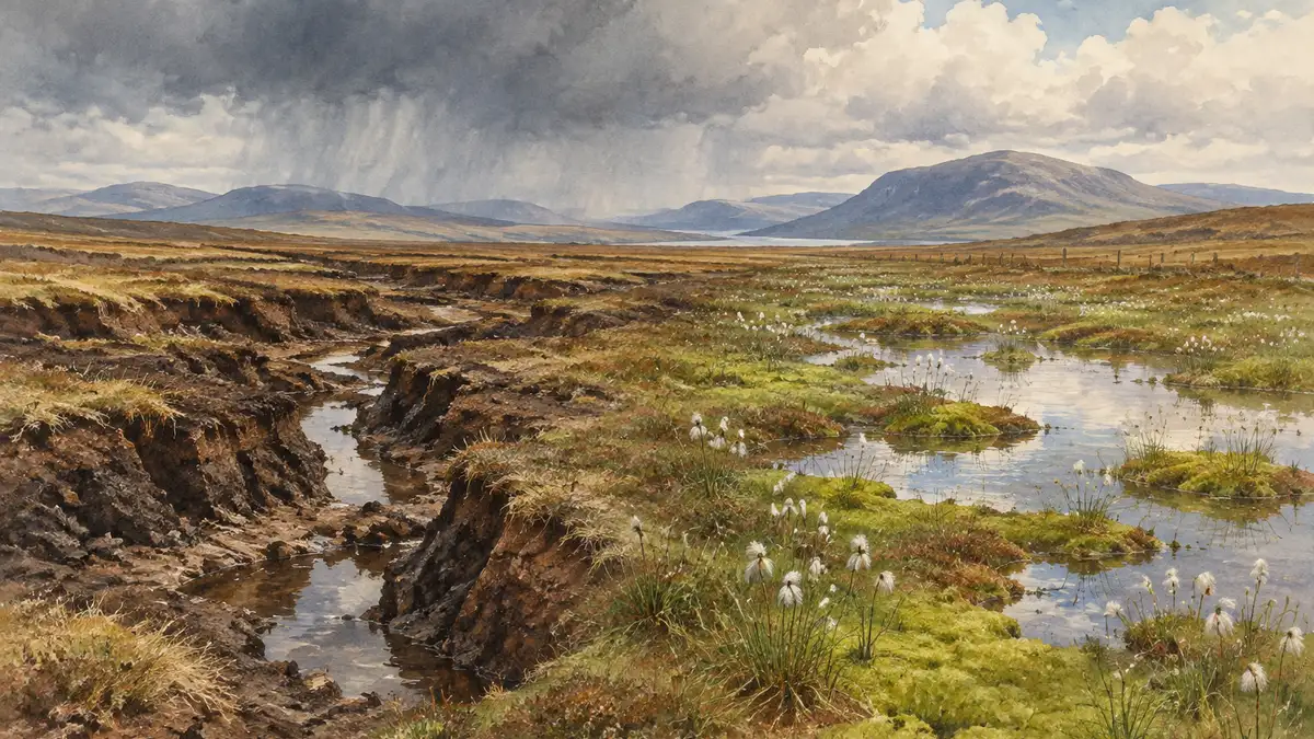 Watercolour of a Scottish blanket bog under restoration: eroded peat hags on one side, re-wetted pools with sphagnum moss and cotton grass on the other