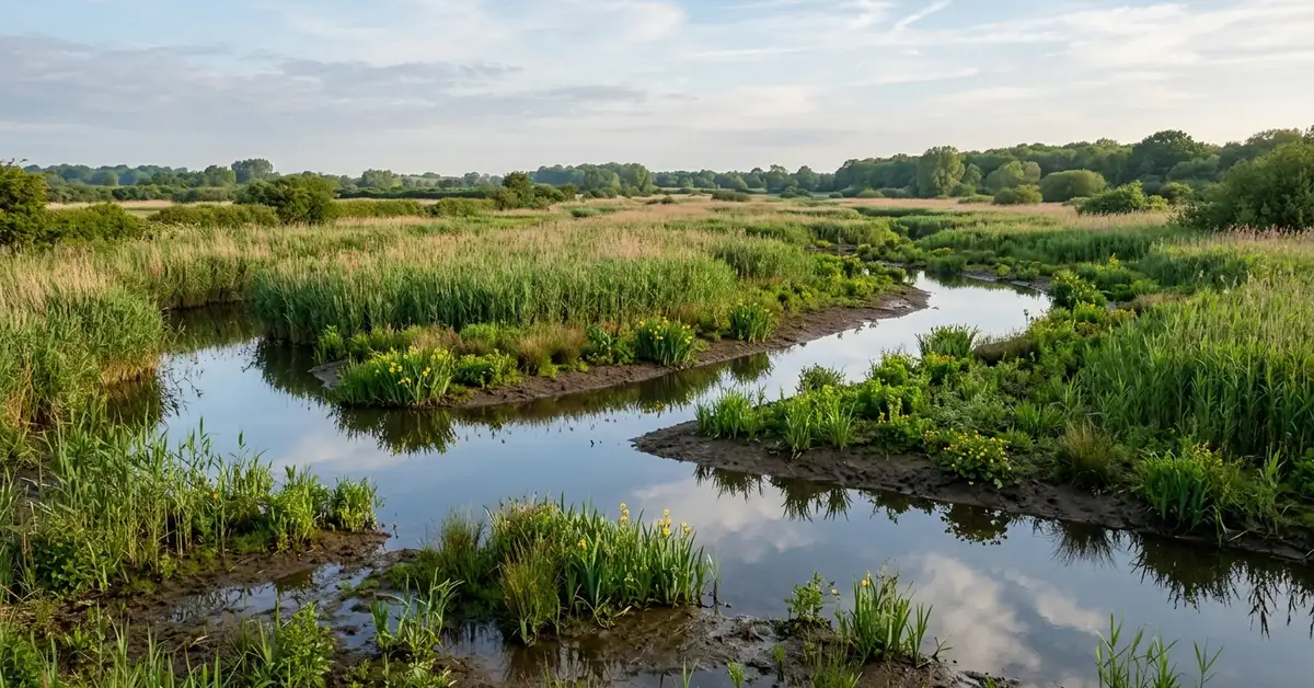 Wetland restoration project showing water channels, reed beds, and newly planted vegetation at nature reserve or landscape recovery project site