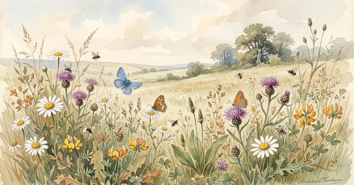 Victorian watercolour of a traditional English wildflower meadow with ox-eye daisies knapweed and butterflies in flight