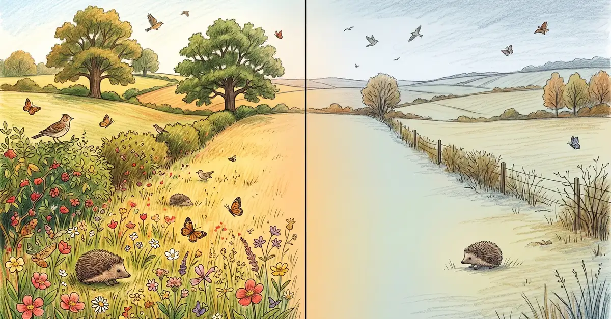 Pencil-crayon illustration contrasting a vibrant past British countryside with abundant hedgehogs, skylarks, butterflies and wildflowers in full hedgerows on the left, transitioning to a diminished present-day landscape with sparse wildlife and empty fields on the right.