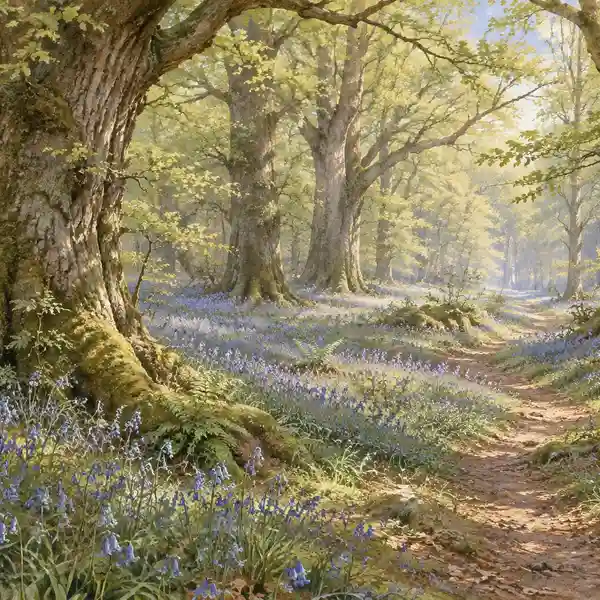 Watercolour of an ancient English broadleaf woodland in spring with a carpet of bluebells and mossy oak trunks