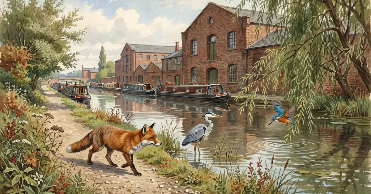Victorian watercolour illustration of a British urban canal towpath wildlife corridor with red fox, grey heron and kingfisher