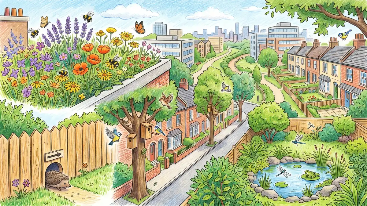 Pencil crayon illustration of urban green infrastructure including a green roof with wildflowers, a wildlife corridor connecting parks, and a sustainable drainage pond with dragonflies