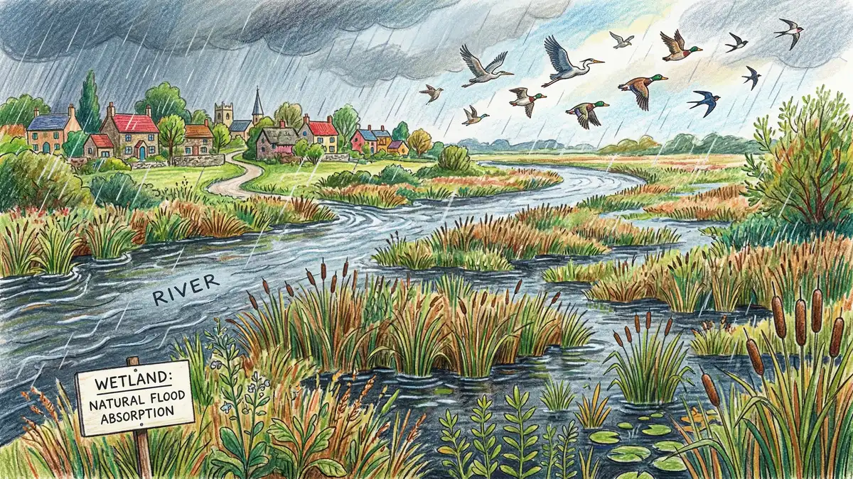 Wetland landscape absorbing floodwater with reeds and marshes protecting a nearby village