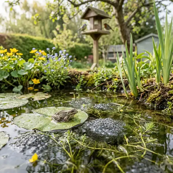 Wildlife-friendly garden pond in a UK back garden with native plants, frogspawn, and a small frog, showing how gardens protect biodiversity