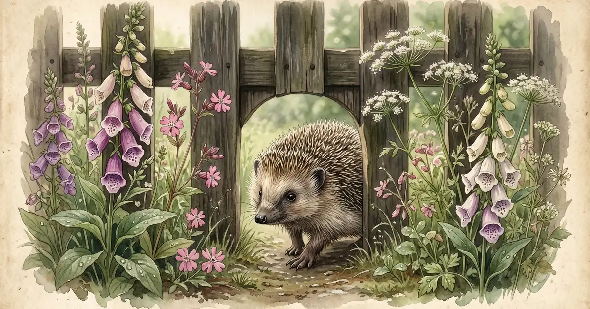 Watercolour illustration of a hedgehog moving through a garden fence gap surrounded by foxgloves and wildflowers