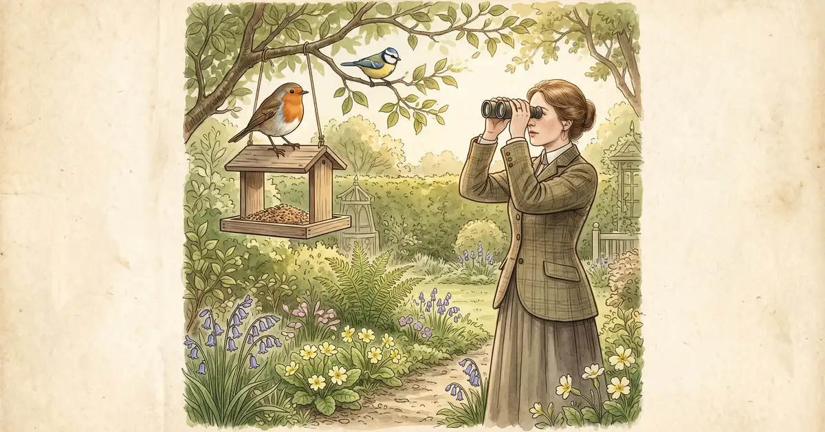 Watercolour illustration of a birdwatcher with binoculars in an English garden with robin and blue tit