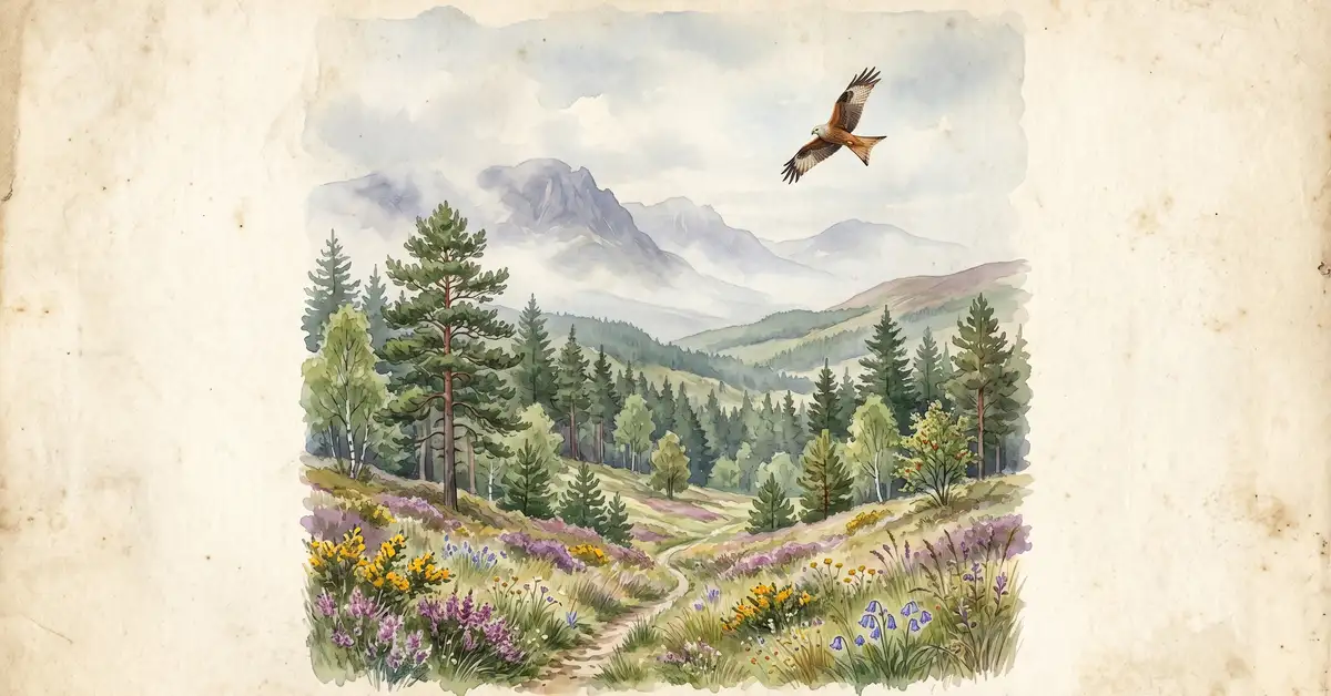 Watercolour illustration of Scottish rewilding landscape with Caledonian pines, red kite and wildflower meadow