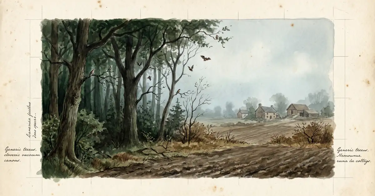 Victorian watercolour illustration of the boundary between intact forest and cleared agricultural land with wildlife silhouettes at the forest edge near a settlement